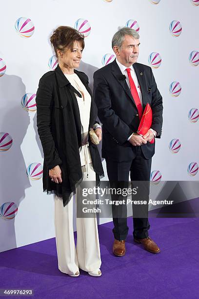 Gustl Mollath and Gabriele Pauli attend the 'Der Ruecktritt' photocall at Kino International on February 17, 2014 in Berlin, Germany.