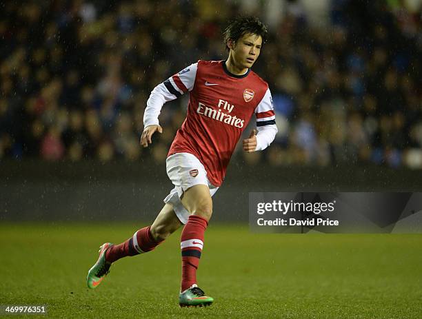 Ryo Miyaichi of Arsenal during the Barclays U21 Premier League match between Reading U21 and Arsenal U21 at Madejski Stadium on February 17, 2014 in...