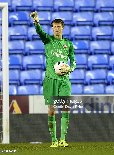 Matt Macey of Arsenal during the Barclays U21 Premier League match between Reading U21 and Arsenal U21 at Madejski Stadium on February 17, 2014 in...