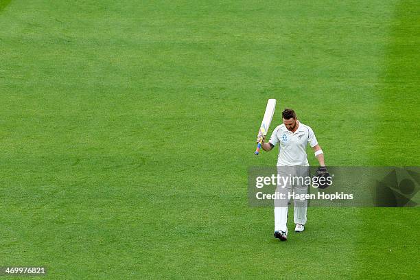 Brendon McCullum of New Zealand leaves the field, dismissed for 302 runs, moments after reaching 300 runs for New Zealand's first ever triple century...