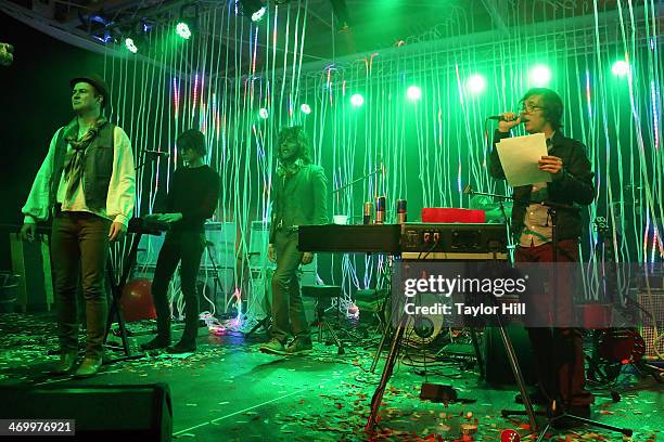 Actor Taran Killam, Steven Drozd and Wayne Coyne of The Flaming Lips, and Ben Folds perform during the 2014 Bonnaroo Lineup Announcement Megathon at...