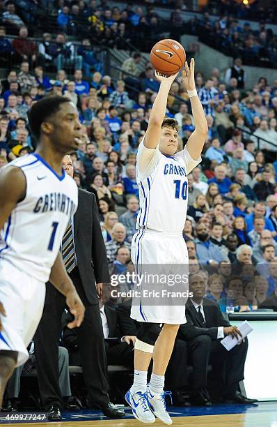 Grant Gibbs of the Creighton Bluejays shoots the ball during their game against the DePaul Blue Demons at CenturyLink Center on February 7, 2014 in...