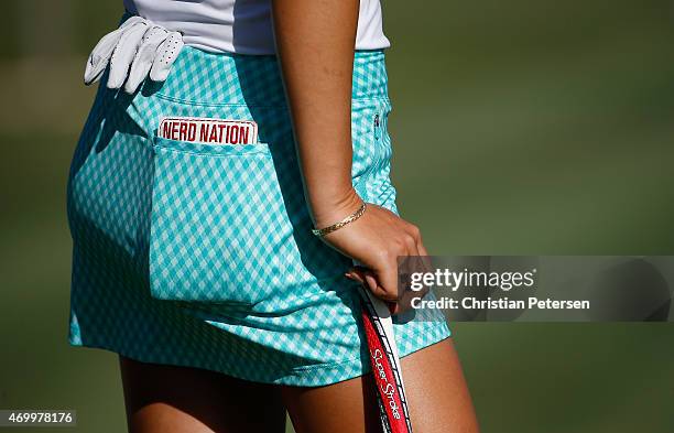 Detail of Michelle Wie's course book, which reads "Nerd Nation" as she stands on the 13th green following the second round of the LPGA LOTTE...