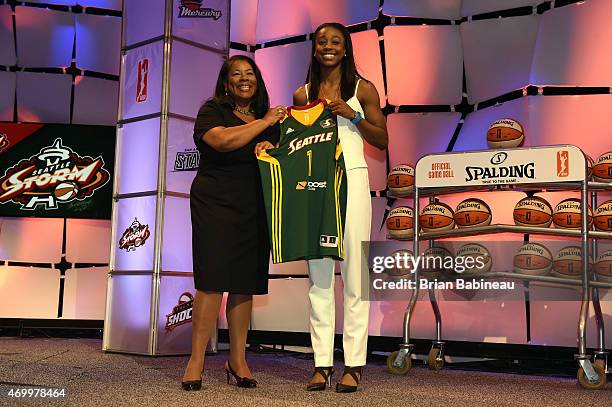 President Laurel Richie poses with Jewel Loyd after she was selected number one overall by the Seattle Storm during the 2015 WNBA Draft Presented By...