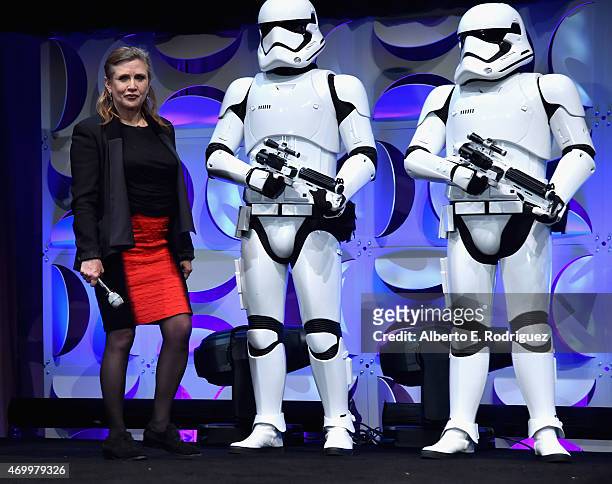 Actress Carrie Fisher speaks onstage during Star Wars Celebration 2015 on April 16, 2015 in Anaheim, California.