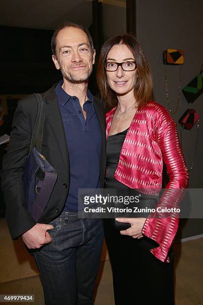 Andrea Ciccoli and Sara Ferrero attend #Valextra #MagneticoCocktail curated by Martino Gamper during Milan Design Week on April 16, 2015 in Milan,...