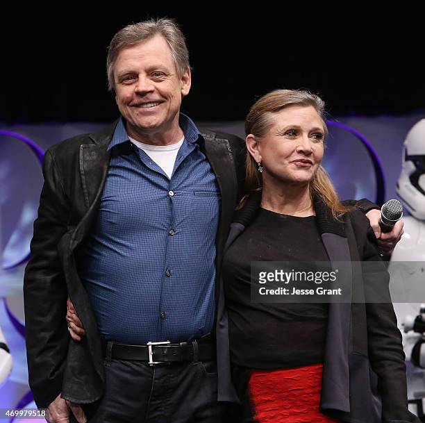 Actors Mark Hamill and Carrie Fisher speak onstage during Star Wars Celebration 2015 on April 16, 2015 in Anaheim, California.