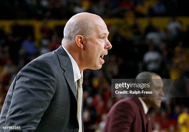 Head coach Herb Sendek of the Arizona State Sun Devils calls out instructions from the bench during the second half of a college basketball game...