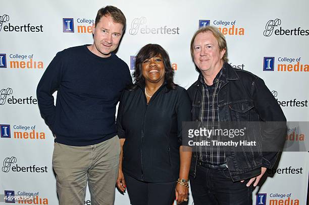 Producer Johan Carlsson, Chaz Ebert, and director Godfrey Cheshire attend the 'Moving Midway' screening at Virginia Theatre on April 16, 2015 in...