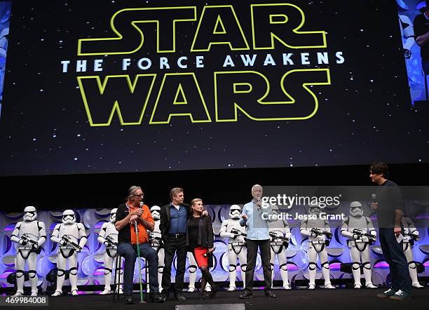 Actors Peter Mayhew, Mark Hamill, Carrie Fisher and Anthony Daniels and moderator Anthony Breznican speak onstage during Star Wars Celebration 2015...