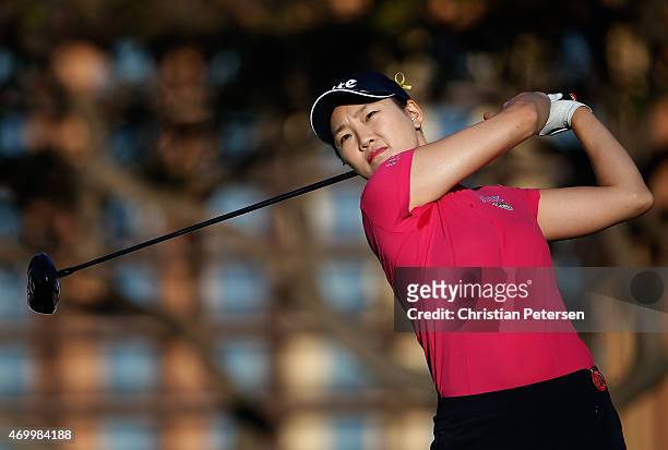 Hee Kyung Seo of South Korea hits a tee shot on the first hole during the second round of the LPGA LOTTE Championship Presented By Hershey at Ko...