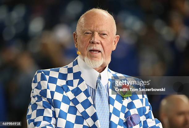 Hockey commentator Don Cherry does a television interview before the Tampa Bay Rays MLB game against the Toronto Blue Jays on April 13, 2015 at...