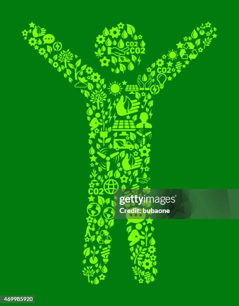 person streching on green environmental conservation and nature icon pattern - stick figure arms raised stock illustrations