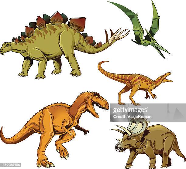 dinosaurus set-t-rex stegosaurus raptor triceratops pterodaktylus - thyreophora stock-grafiken, -clipart, -cartoons und -symbole