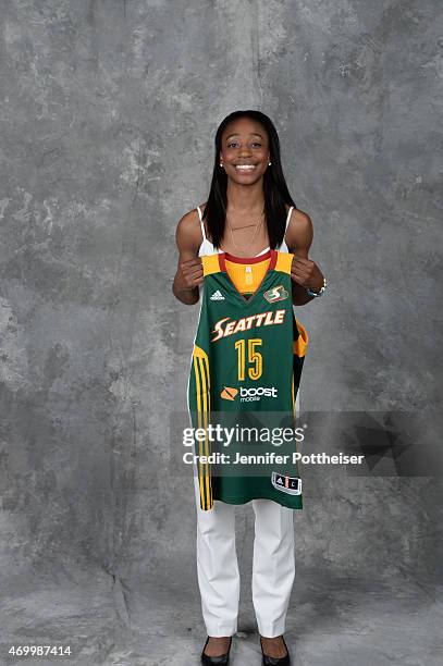 The number one overall pick Jewell Loyd of the Seattle Storm poses for a portrait during the 2015 WNBA Draft Presented By State Farm on April 16,...