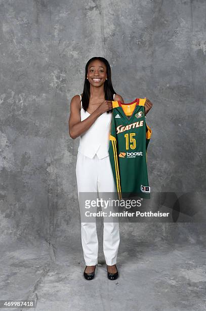 The number one overall pick Jewell Loyd of the Seattle Storm poses for a portrait during the 2015 WNBA Draft Presented By State Farm on April 16,...