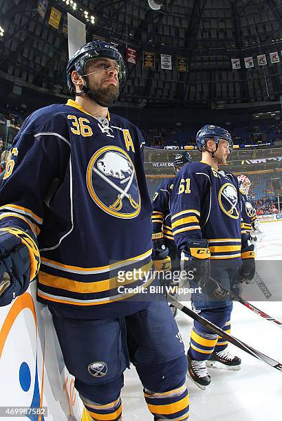 Patrick Kaleta of the Buffalo Sabres warms up before playing against the Chicago Blackhawks on April 3, 2015 at the First Niagara Center in Buffalo,...