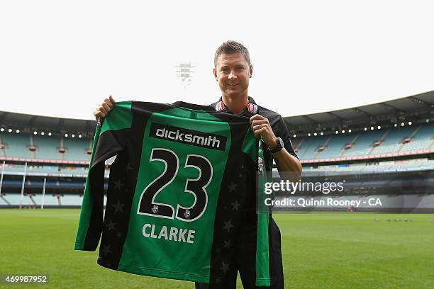 Michael Clarke of the Stars poses during a Melbourne Stars press conference at Melbourne Cricket Ground on April 17, 2015 in Melbourne, Australia.