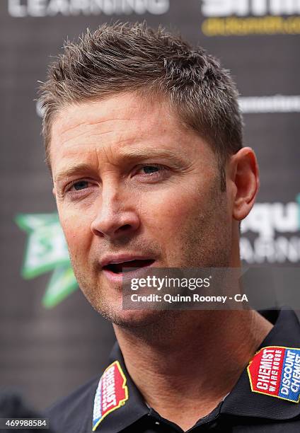 Michael Clarke of the Stars speaks to the media during a Melbourne Stars press conference at Melbourne Cricket Ground on April 17, 2015 in Melbourne,...