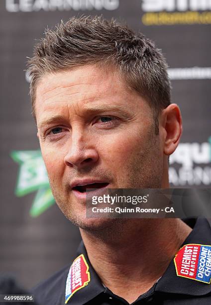 Michael Clarke of the Stars speaks to the media during a Melbourne Stars press conference at Melbourne Cricket Ground on April 17, 2015 in Melbourne,...