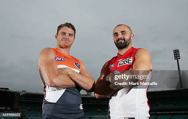 Heath Shaw of the Giants and Rhyce Shaw of the Swans pose during an AFL media opportunity at Sydney Cricket Ground on April 17, 2015 in Sydney,...