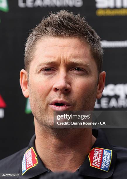 Michael Clarke of the Stars speaks to the media during a Melbourne Stars press conference at Melbourne Cricket Ground on April 17, 2015 in Melbourne,...