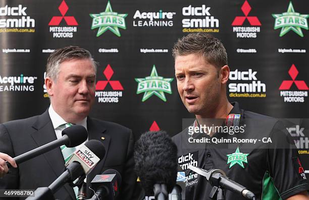 President of the Stars Eddie McGuire and Michael Clarke of the Stars speak to the media during a Melbourne Stars press conference at Melbourne...