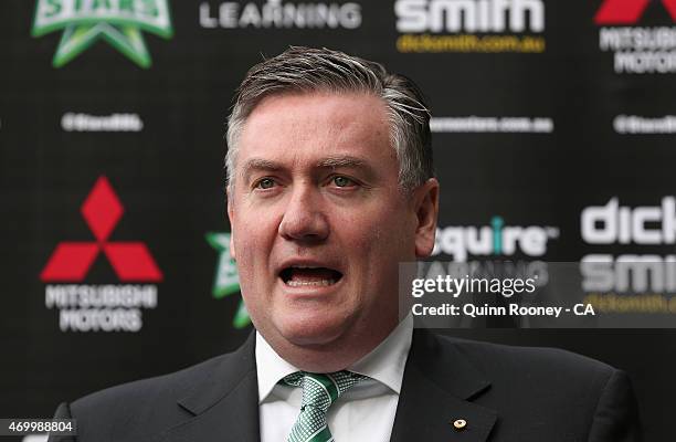 President of the Stars Eddie McGuire speaks to the media during a Melbourne Stars press conference at Melbourne Cricket Ground on April 17, 2015 in...