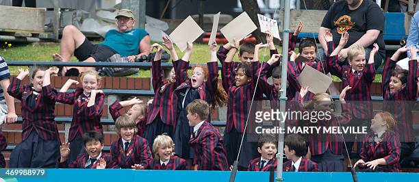 School children show their support for New Zealand during day 5 of the 2nd International Test cricket match between New Zealand and India in...