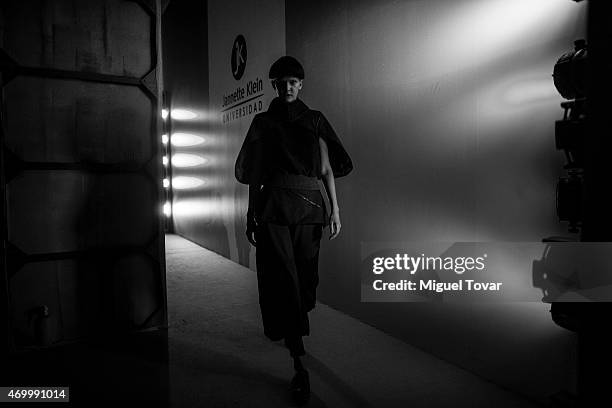 Model returns to the runway during the Jannette Klein Show at the backstage of Mercedes-Benz Fashion Week Mexico Fall/Winter 2015 at Campo Marte on...