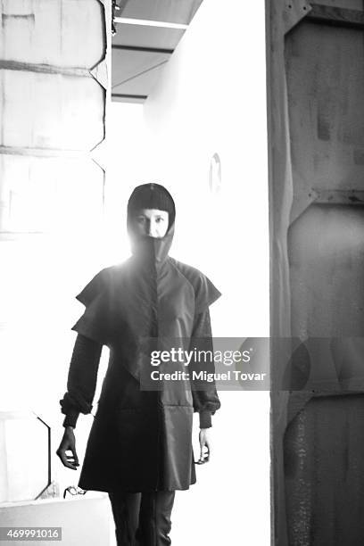 Model returns to the runway during the Jannette Klein Show at the backstage of Mercedes-Benz Fashion Week Mexico Fall/Winter 2015 at Campo Marte on...