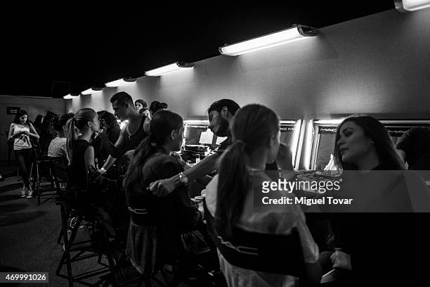 Models get ready at the backstage of Mercedes-Benz Fashion Week Mexico Fall/Winter 2015 at Campo Marte on April 16, 2015 in Mexico City, Mexico.