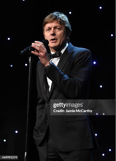 Delete Blood Cancer Award Recipient Marcel R.M. Van den Brink MD, PhD speaks onstage during the 9th Annual Delete Blood Cancer Gala on April 16, 2015...