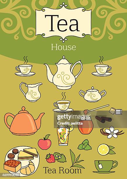 elegant set of tea design elements - sugar bowl crockery stock illustrations