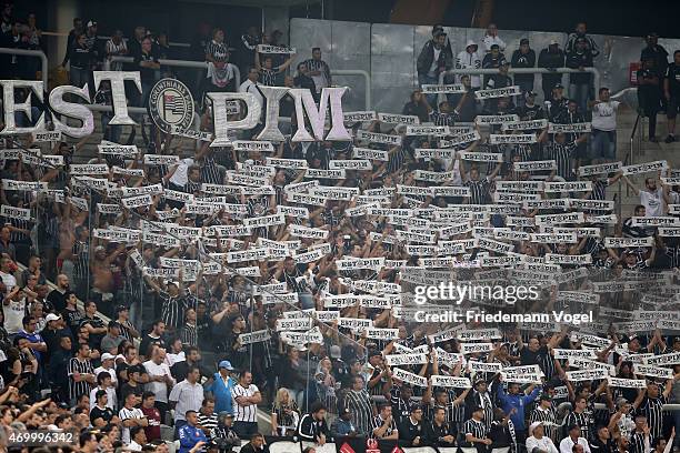 Fans of Corinthians celebrates during a match between Corinthians and San Lorenzo as part of Group 2 of Copa Bridgestone Libertadores at Arena...