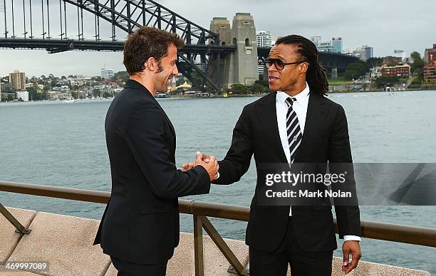 Alessandro Del Piero and Edgar Davids shake hands after a media opportunity ahead of the A-League All-Stars v Juventus FC match, at Sydney Opera...