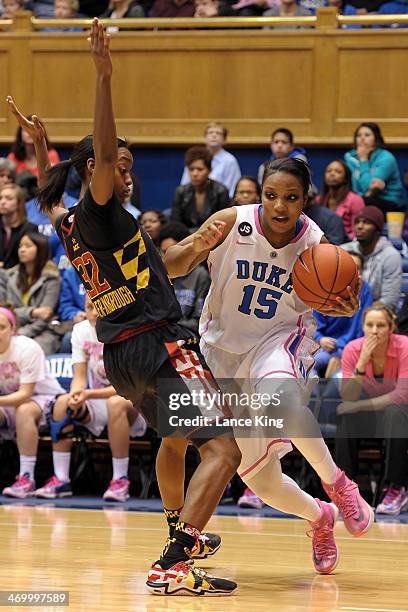 Richa Jackson of the Duke Blue Devils drives against Shatori Walker-Kimbrough of the Maryland Terrapins at Cameron Indoor Stadium on February 17,...