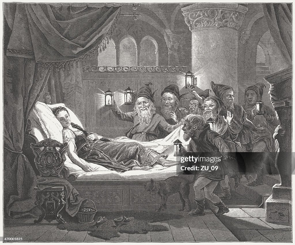 Snow White and the Seven Dwarfs, wood engraving, published 1879