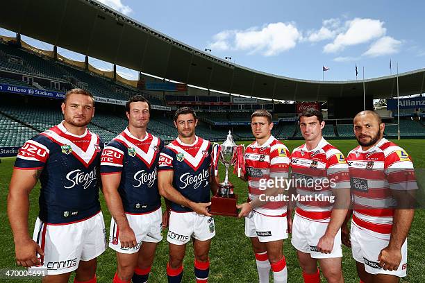 Jared Waerea-Hargreaves, Boyd Cordner and Anthony Minichiello of the Sydney Roosters and Michael McIlorum, Matty Smith and Matt Bowen of the Wigan...
