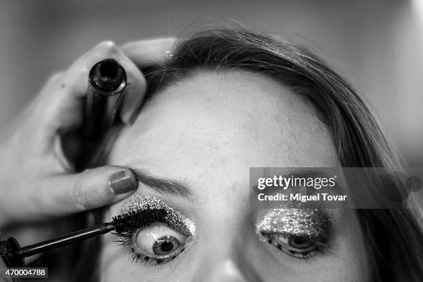 Model gets ready at the backstage of Mercedes-Benz Fashion Week Mexico Fall/Winter 2015 at Campo Marte on April 16, 2015 in Mexico City, Mexico.