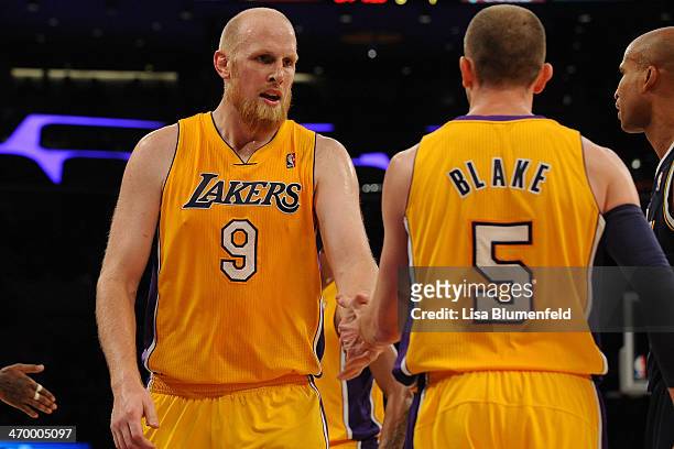 Chris Kaman celebrates with teammate Steve Blake of the Los Angeles Lakers during the game against the Utah Jazz at Staples Center on February 11,...