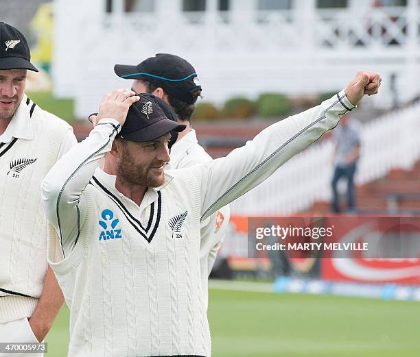 Captain of New Zealand Brendon McCullum waves to the fans after winning the Test series during day 5 of the 2nd International Test cricket match...