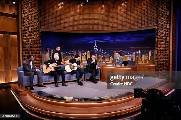 Episode 0001 -- Pictured: Actor Will Smith, Adam Clayton, Larry Mullen, Jr., The Edge and Bono of musical guest U2 during an interview with host...