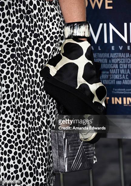 Actress Peta Wilson, fashion detail, arrives at the Los Angeles premiere of "The Water Diviner" at the TCL Chinese Theatre IMAX on April 16, 2015 in...
