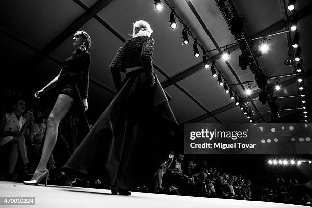 Models walk the runway during the Pink Magnolia Show as part of Mercedes-Benz Fashion Week Mexico Fall/Winter 2015 at Campo Marte on April 16, 2015...