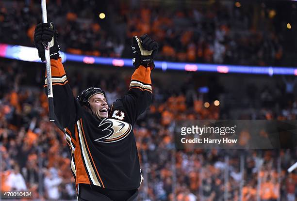 Ryan Getzlaf of the Anaheim Ducks celebrates his goal to take a 4-2 lead over the Winnipeg Jets during the third period in Game One of the Western...