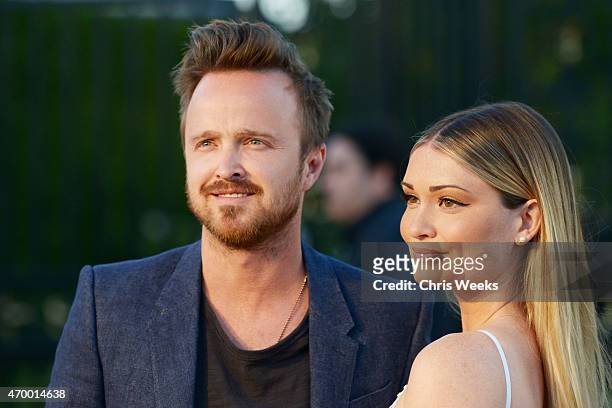 Actor Aaron Paul and Lauren Parsekian attend the Burberry "London in Los Angeles" event at Griffith Observatory on April 16, 2015 in Los Angeles,...