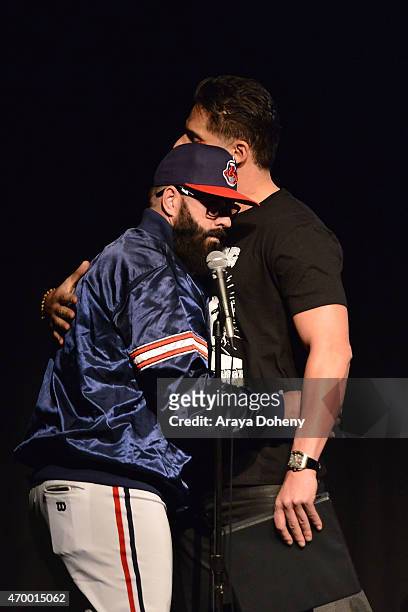 Brian Wilson and Joe Manganiello perform at the Film Independent at LACMA Live Read of "Major League" at Bing Theatre At LACMA on April 16, 2015 in...