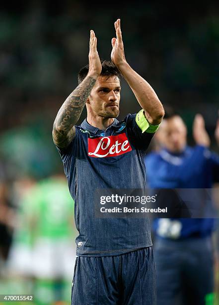 Christian Maggio of Napoli wave to his fans after winning the UEFA Europa League Quarter Final first leg match between VfL Wolfsburg and SSC Napoli...