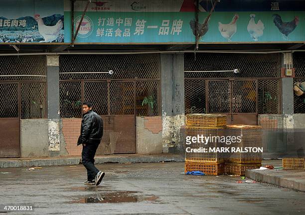 This photo taken on on February 17, 2014 shows a worker at a poultry market that has been closed due to the risk of spreading the H7N9 bird flu virus...